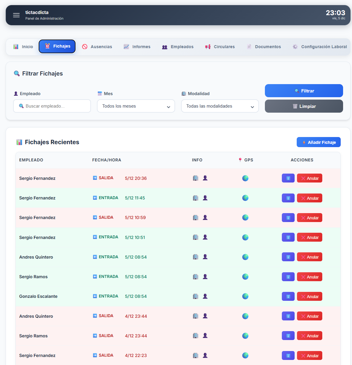 Panel de fichajes administrativo