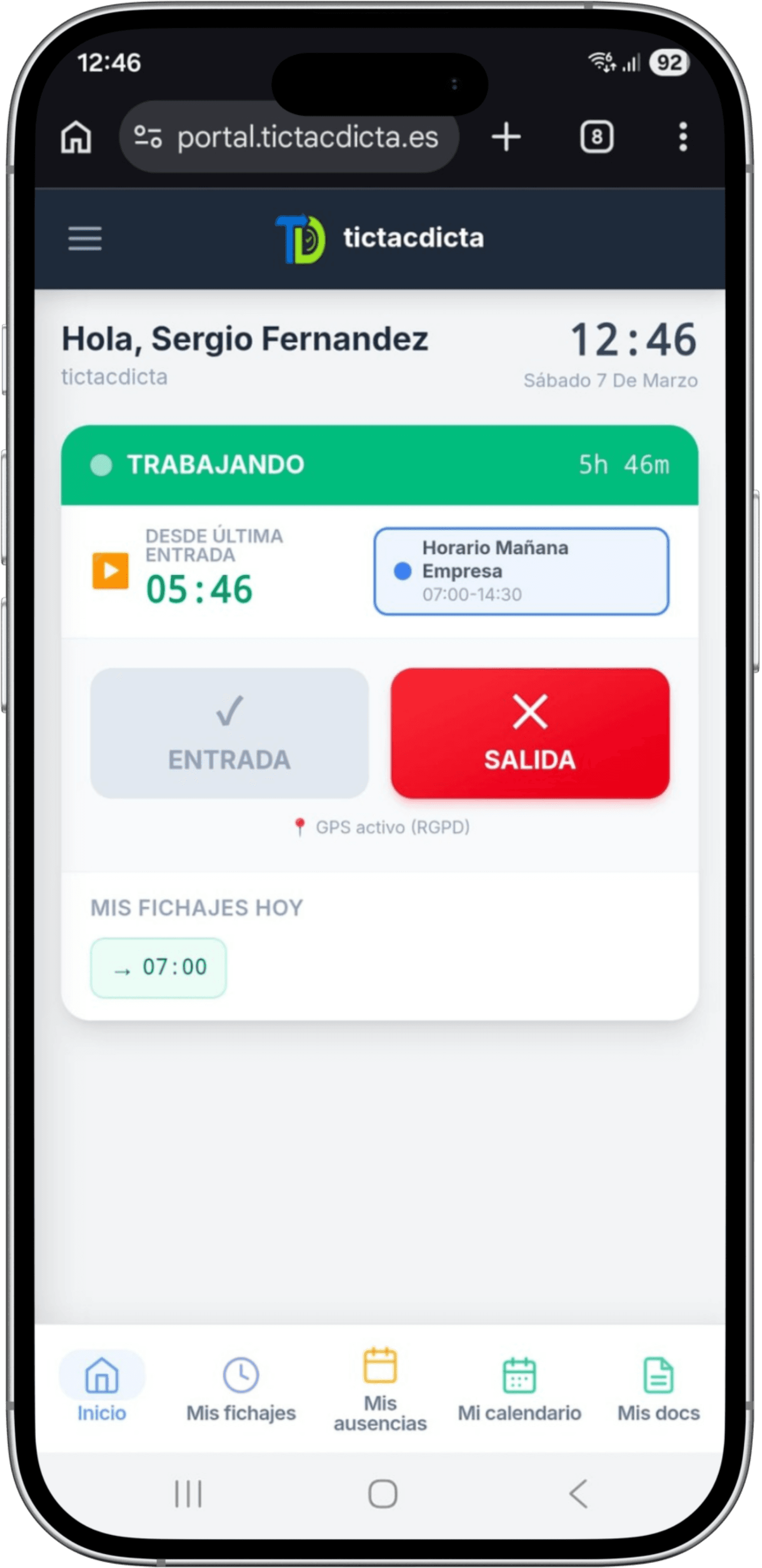Portal del empleado para fichaje digital desde el móvil — registro de jornada laboral sin instalar app